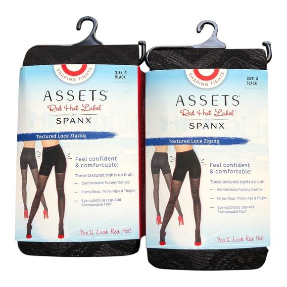 Set of 2 Spanx Assets Red Hot Label Shaping Tights Black Lace Zigzag Size 4 New - Picture 1 of 12